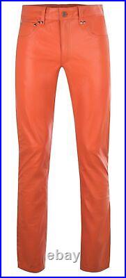 Leather Pant Slim Fit Trousers Casual Men's Genuine Orange Lambskin Biker Pants