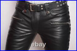 Leather Pants Men Pant Jeans Real Trouser Black Zipper Sheep Style Black Heavy