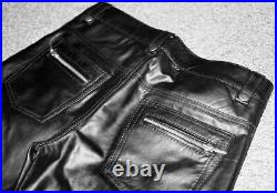 Leather Pants Men Pant Trousers Slim Biker Fit Men's Jeans Style Real Black 17