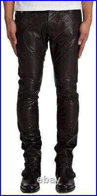 Leather Pants Men Pant Trousers Slim Biker Fit Men's Jeans Style Real Black 2