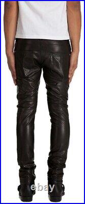 Leather Pants Men Pant Trousers Slim Biker Fit Men's Jeans Style Real Black 2