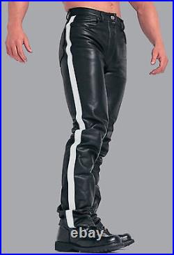 Leather Pants Men Pant Trousers Slim Biker Fit Men's Jeans Style Real Black 23