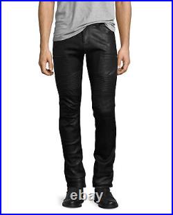 Leather Pants Men Pant Trousers Slim Biker Fit Men's Jeans Style Real Black 25