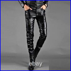 Leather Pants Men Pant Trousers Slim Biker Fit Men's Jeans Style Real Black 31