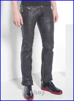 Leather Pants Men Pant Trousers Slim Biker Fit Men's Jeans Style Real Black 56