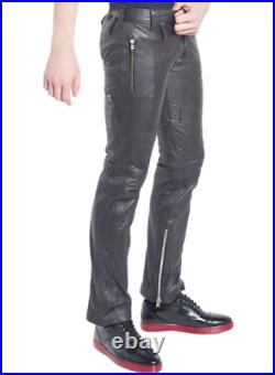 Leather Pants Men Pant Trousers Slim Biker Fit Men's Jeans Style Real Black 56