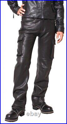 Leather Pants Men Pant Trousers Slim Biker Fit Men's Jeans Style Real Black 62