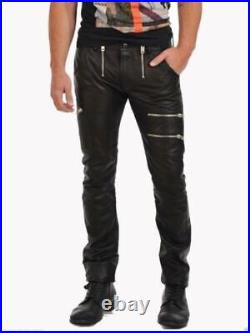 Leather Pants Men Pant Trousers Slim Biker Fit Men's Jeans Style Real Black 7