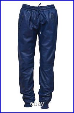 Leather Pants Men Pant Trousers Slim Biker Fit Men's Jeans Style Real Blue 87