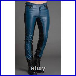 Leather Pants Men Pant Trousers Slim Biker Fit Men's Jeans Style Real Blue 97