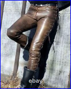 Leather Pants Men Pant Trousers Slim Biker Fit Men's Jeans Style Real Brown 109
