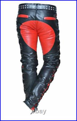 Leather Pants Men's Hand Selected Real Cowhide Leather Pants Side Laces Up Jeans