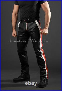 Leather Racer-Pants with Stripes Red White Jeans Pants Motorcycle