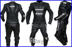 MEN Full Black Motorcycle RACING Leather Suit Jacket Hump Pants For Kawasaki