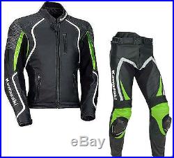 MEN GREEN BLACK MOTORCYCLE LEATHER SUIT Jacket Pant SAFETY PADS FOR KAWASAKI