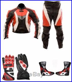 MEN Racing Leather Suit Motorbike Motorcycle Leather Jacket Pant Gloves Boots