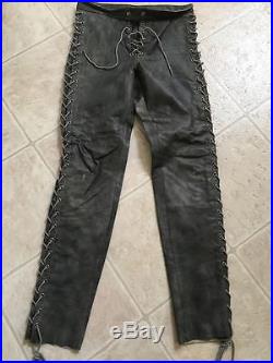 Men's Leather Slash Style Drawstring Pants, Distressed Grayish Style Vintage