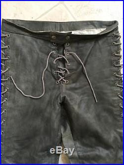 Men's Leather Slash Style Drawstring Pants, Distressed Grayish Style Vintage