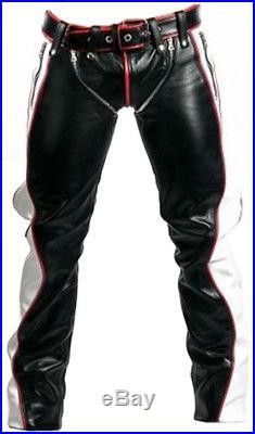 MENS BONDAGE PANTS BLACK RED And WHITE LEATHER HEAVY DUTY JEANS BLUFF GAY