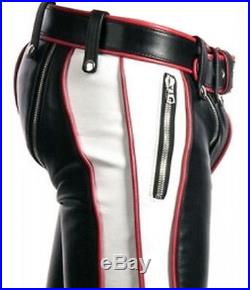 MENS BONDAGE PANTS BLACK RED And WHITE LEATHER HEAVY DUTY JEANS BLUFF GAY