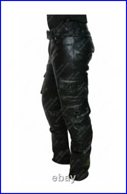MENS Cow LEATHER CARGO Quilted Panels Pants Bikers Cargo TROUSERS Pants