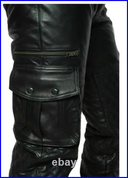 MENS Cow LEATHER CARGO Quilted Panels Pants Bikers Cargo TROUSERS Pants