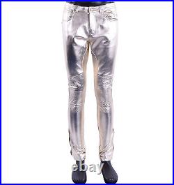 MOSCHINO RUNWAY Shiny Slim Fit Biker Nappa Leather Trousers Pants Gold 05409