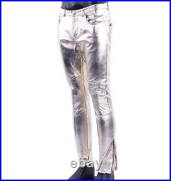 MOSCHINO RUNWAY Shiny Slim Fit Biker Nappa Leather Trousers Pants Gold 05409