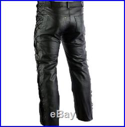 Man Motorbike Black Cowhide Strong Laced Real Leather Jean Pants Trousers