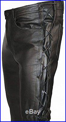 Man Motorbike Black Cowhide Strong Laced Real Leather Jean Pants Trousers