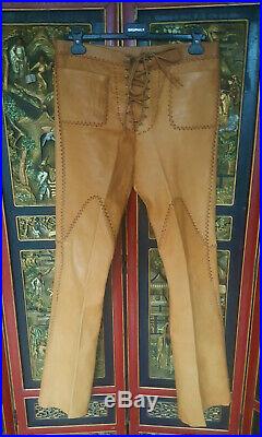 Megarare Men Vintage North Beach Leather Tan Braided Pants 33 M Elvis Jeans Gay