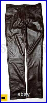 Men 501 Style Genuine Dark Brown Leather Pant Tight-Fitting Trousers Biker Pants