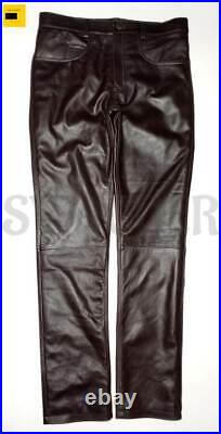 Men 501 Style Genuine Dark Brown Leather Pant Tight-Fitting Trousers Biker Pants