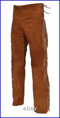 Men American Western Cowboy Soft Brown Buckskin Buffalo Suede Leather Pants