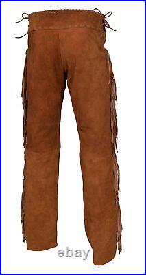 Men American Western Cowboy Soft Brown Buckskin Buffalo Suede Leather Pants