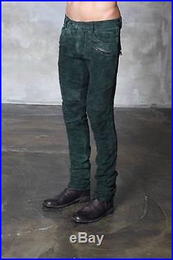 Men Balmain Green Suede Leather Pants Size 28