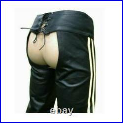 Men Biker Chaps Leather White Stripes Gay Crotch Pant sexy outfit Costumes BDMS