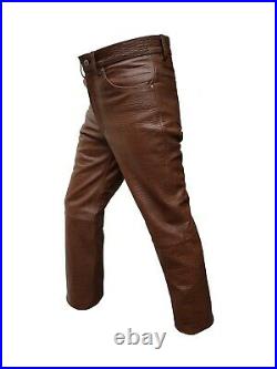 Men Biker Jeans Brown Cow Crocodile Print Leather Sleek And Sexy 501 Style Pants