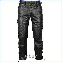 Men Black Genuine Lambskin Leather Side Laces Motorcycle Pant/Moto Pant/Party Pa