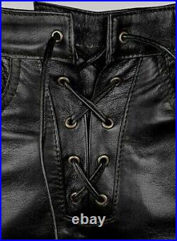Men Black Genuine Lambskin Leather Side Laces Motorcycle Pant/Moto Pant/Party Pa
