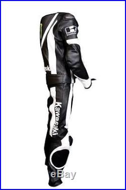 Men Black White Kawasaki Racing Motorcycle Biker Leather Suit Jacket Hump Pants