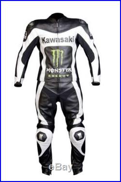 Men Black White Kawasaki Racing Motorcycle Leather Suit Jacket with Hump & Pants
