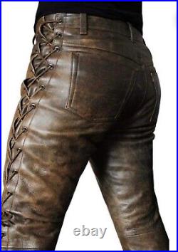 Men Chocolate Brown Distressed Leather Side Laces Leather Biker Pant/Wax Motorcy