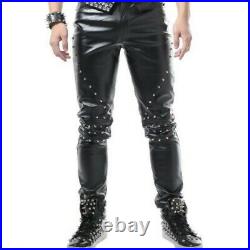 Men Costume Trousers Leather Metal Decor Slim Fit Punk Singer Show Casual Pants