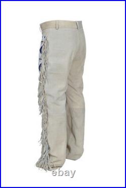 Men Cowboy Western Wear Suede Leather Fringes Long Beaded Pants PLB02