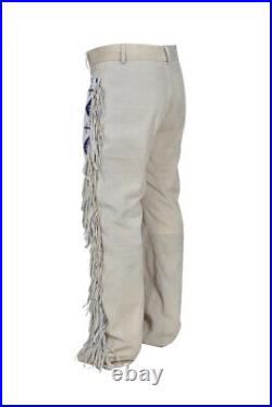 Men Cowboy Western Wear Suede Leather Fringes Long Beaded Pants PLB02