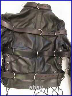 Men Genuine Black Leather Restraint Shirt & Pant with buckle Belts Club Costume