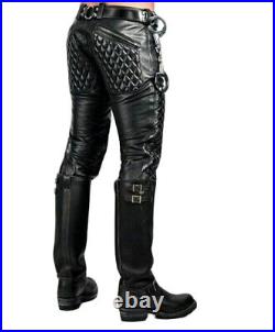 Men Genuine Soft Sheep Leather Black Quilted Pants Zipper Real soft Bikers Pants