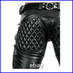 Men Genuine Soft Sheep Leather Black Quilted Pants Zipper Real soft Bikers Pants