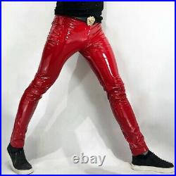 Men Glossy Patent Leather Tights Pants Nightclub Trouser Punk Red Dance Slim fit
